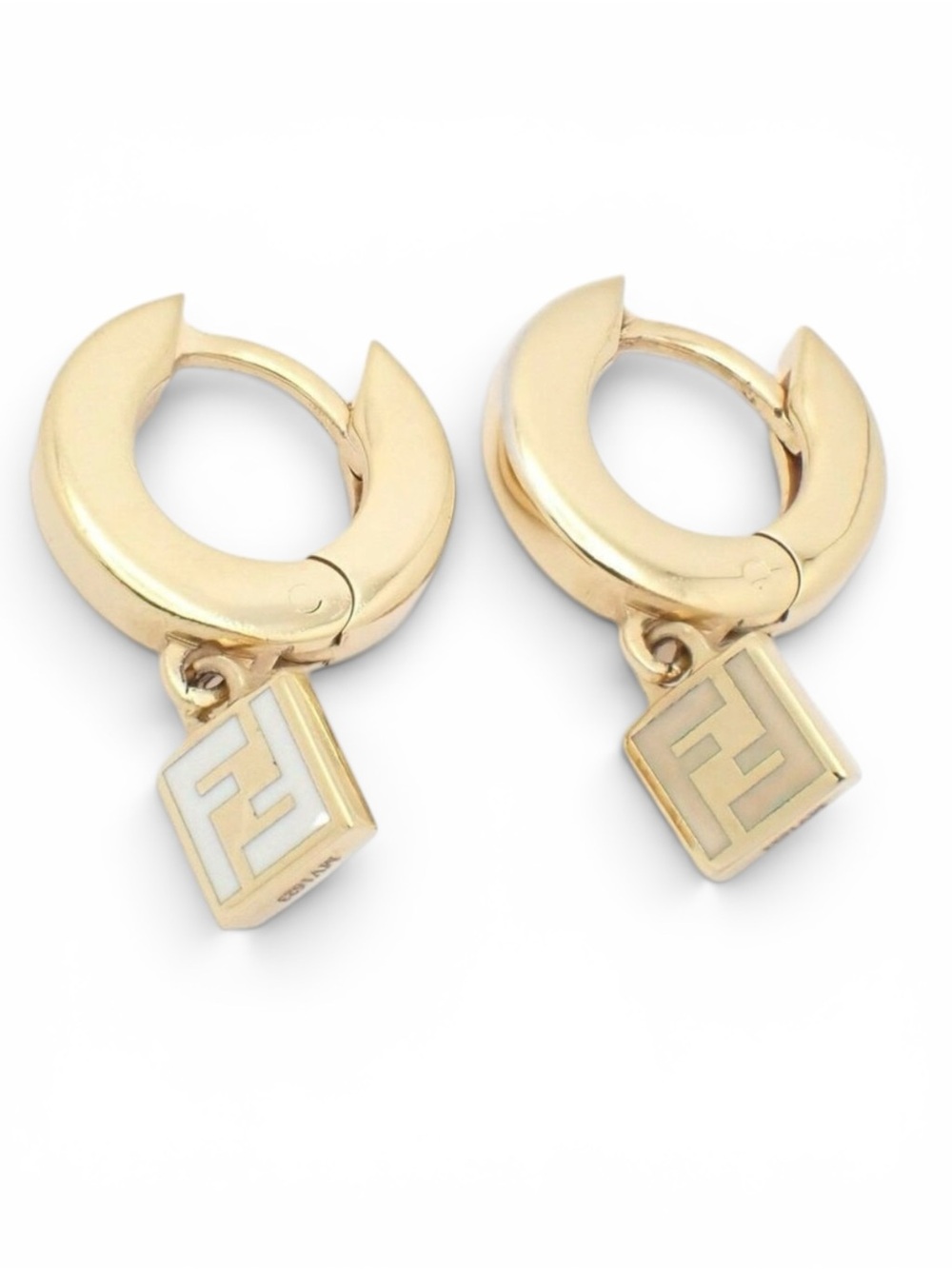 Fendi FF Forever Gold Tone White Enamel Huggie Hoop Earrings w/ Box
